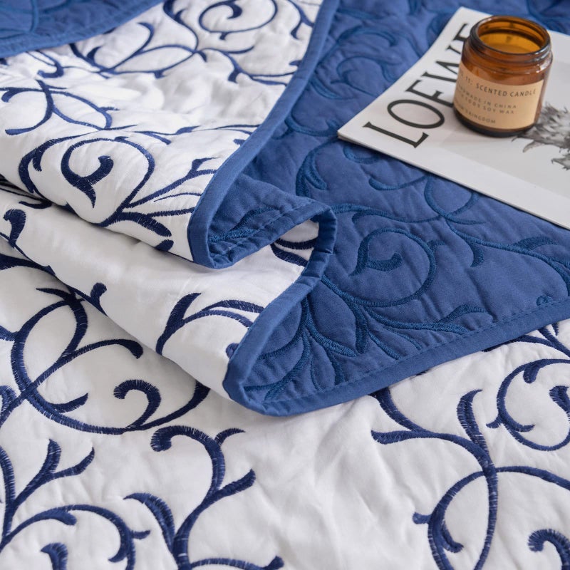 Mixinni Reversible Quilt 3-Piece Blue Embroidery Pattern Elegant Quilt Set with Embroidered Decorative Shams Soft Bedspreads & Coverlet Set - Full/Queen - Image 5